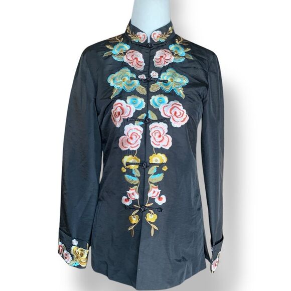 Vintage Madame Butterfly Black Tailored Embroidered Floral Mandarin Jacket 4 - Picture 1 of 8